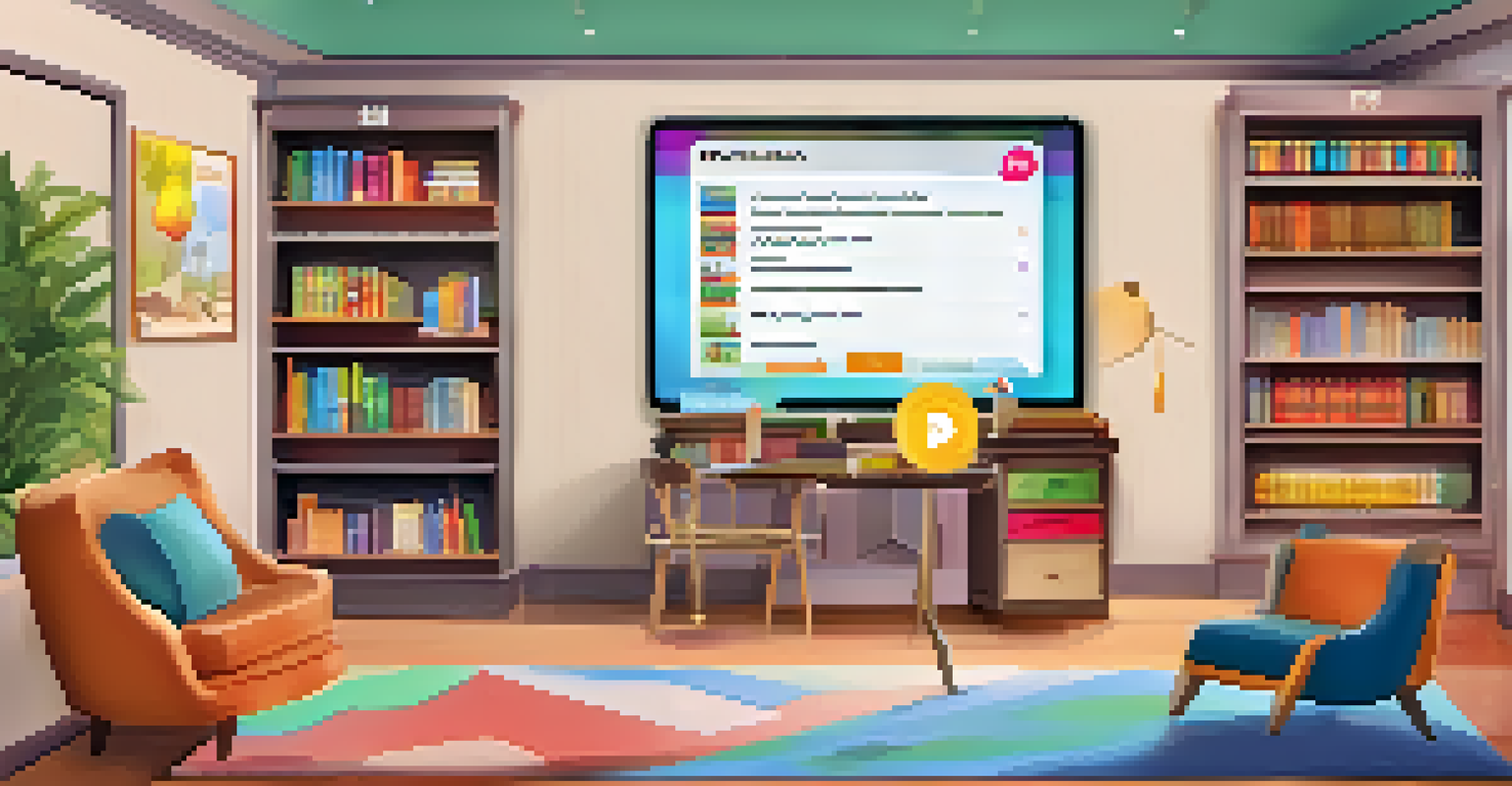 A tablet showing a language learning app with colorful graphics and gamification elements in a cozy study space.