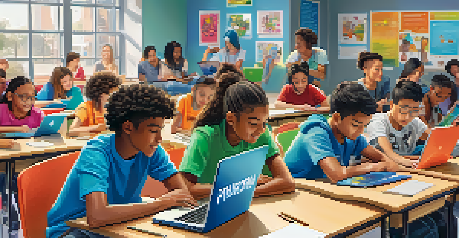 Diverse students interacting with bite-sized learning on laptops and tablets in a colorful classroom setting.