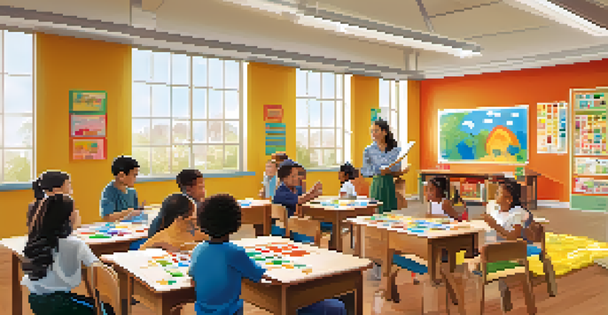 A vibrant classroom filled with students of different backgrounds engaging in a multisensory learning activity, with colorful materials and sunlight streaming in.