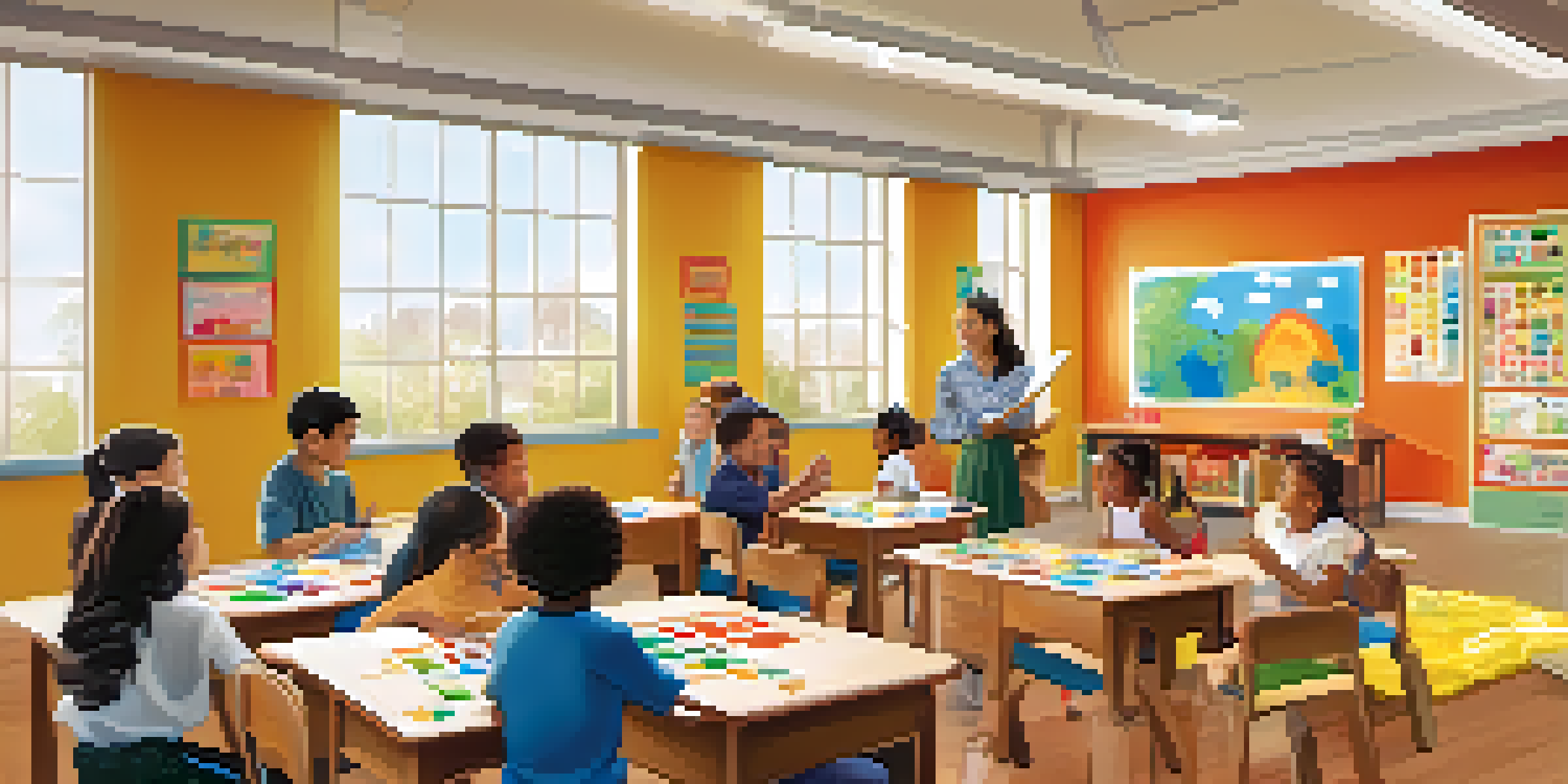 A vibrant classroom filled with students of different backgrounds engaging in a multisensory learning activity, with colorful materials and sunlight streaming in.