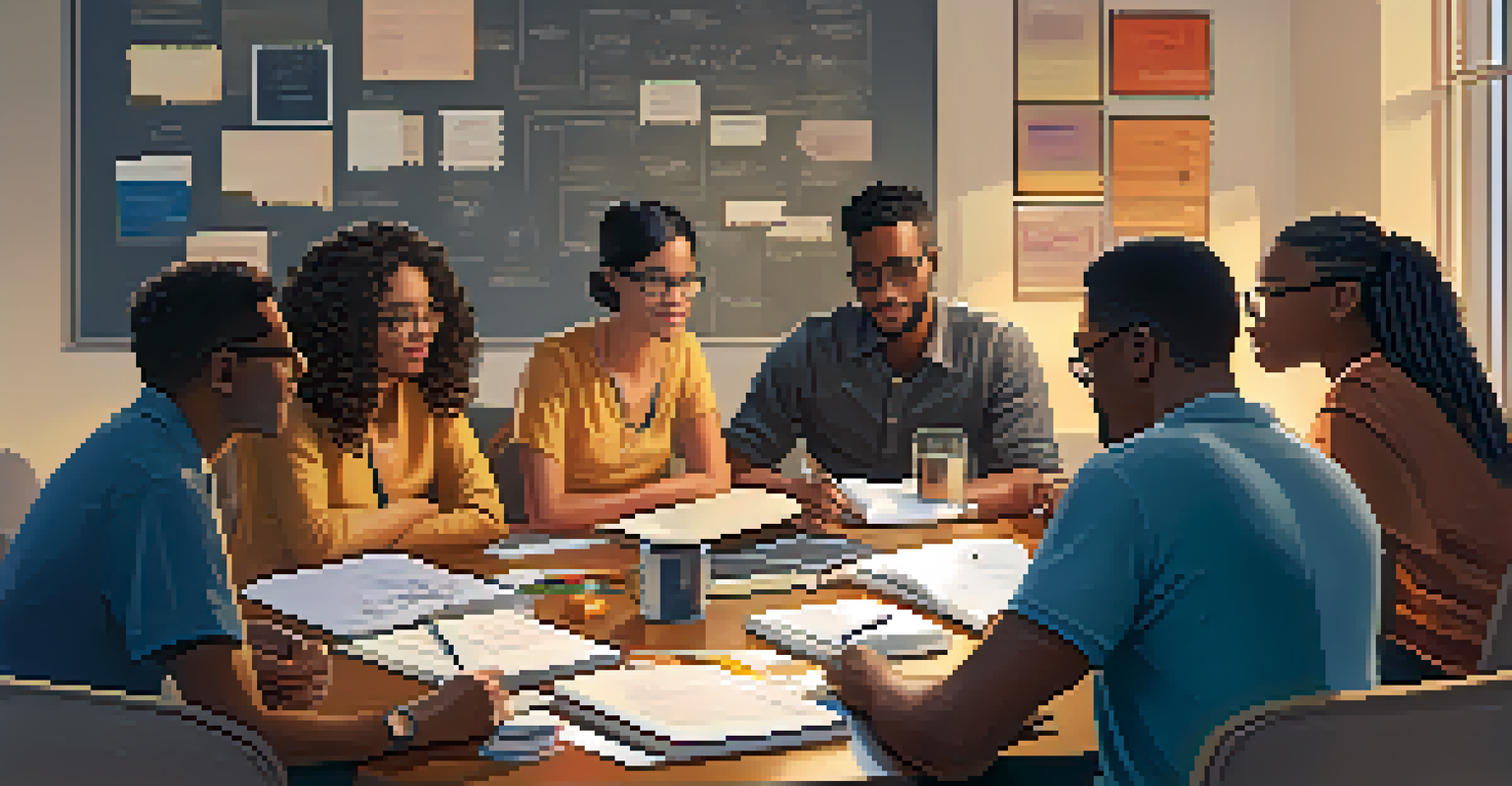 A diverse group of people discussing financial literacy at a table, with books and laptops around them, under warm lighting.