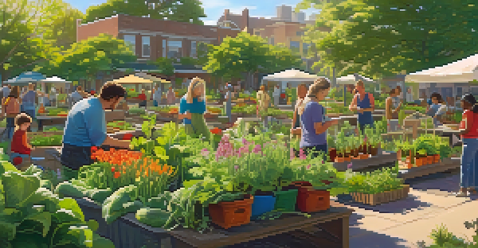 A lively community garden with people of all ages working together, surrounded by colorful plants and flowers, under soft sunlight.
