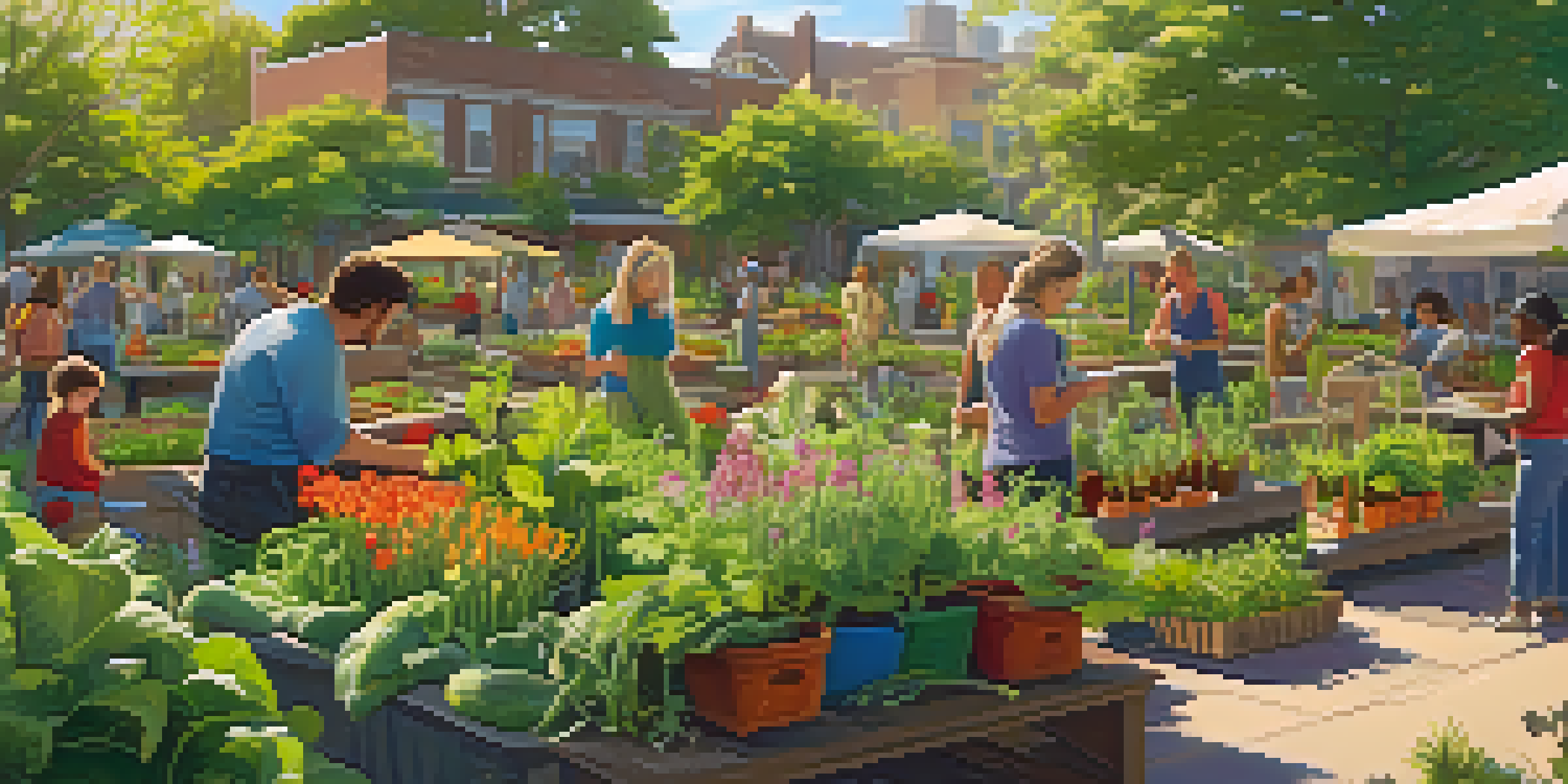 A lively community garden with people of all ages working together, surrounded by colorful plants and flowers, under soft sunlight.