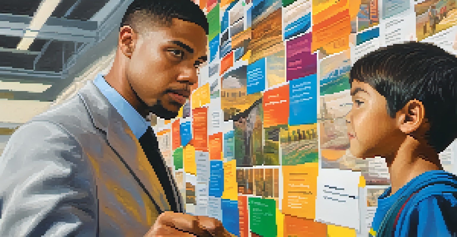 A mentor and student in front of a poster showcasing successful professionals from diverse backgrounds.
