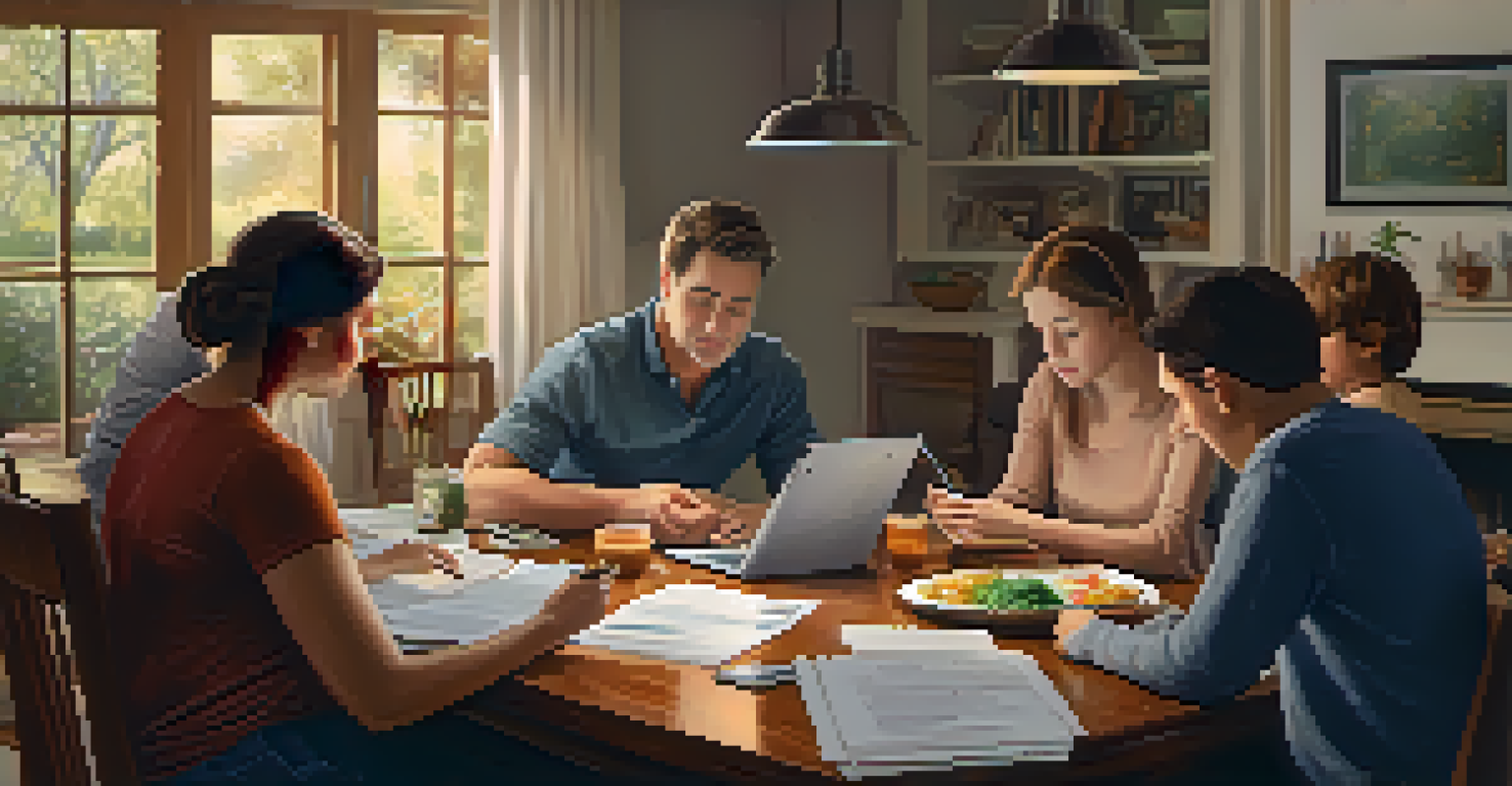 A family at a dining table discussing their budget using a tablet, surrounded by financial documents and a calculator in a warm, inviting setting.