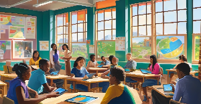 A diverse group of teachers collaborating in a classroom, using mobile devices for learning.