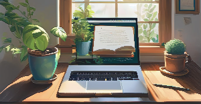 A cozy home study area with a wooden desk, an open laptop, colorful notebooks, and a potted plant, bathed in warm sunlight.