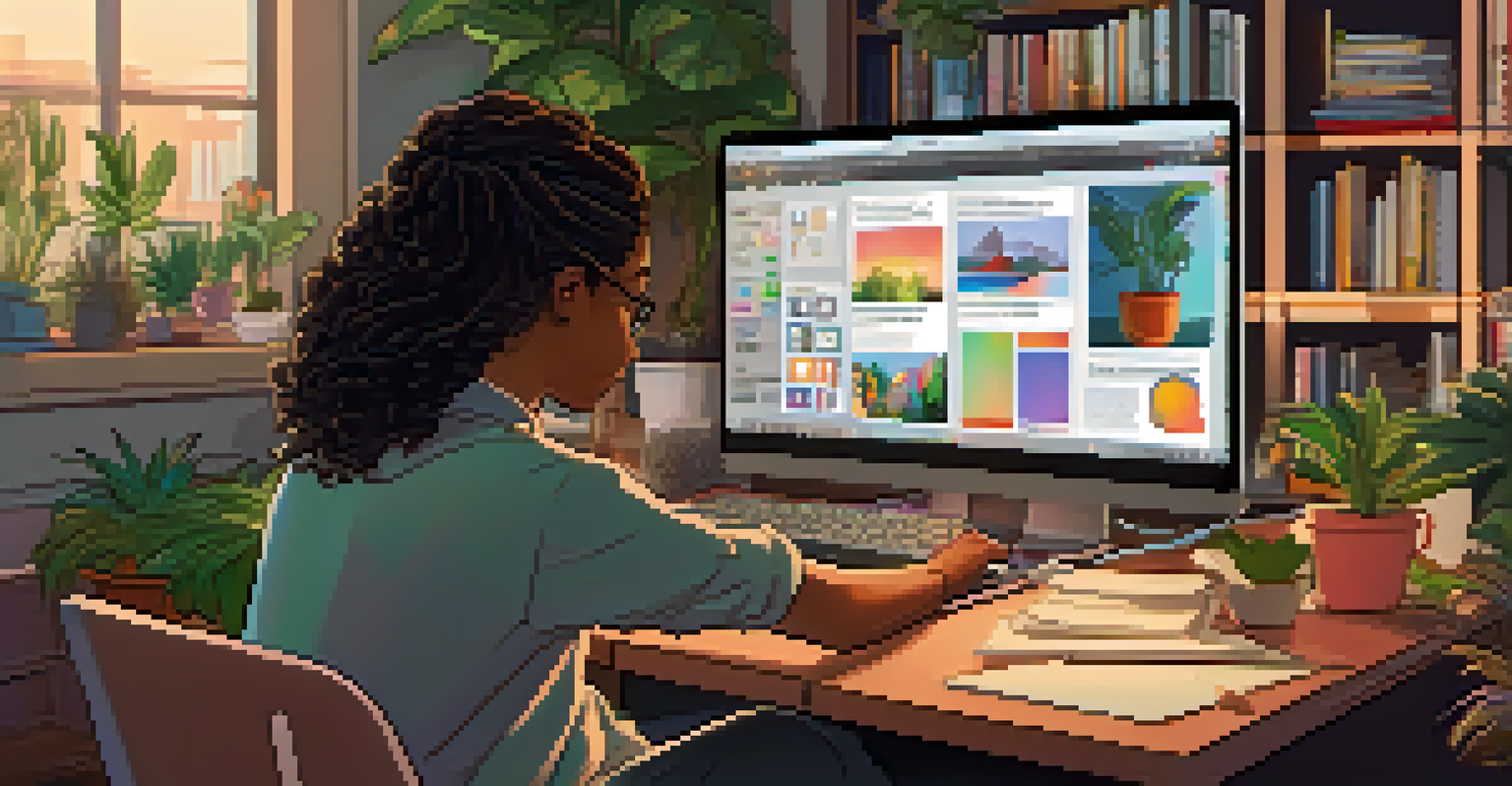 A person creating a digital story at a desk, with a colorful storyboard on their laptop screen and a cozy workspace.