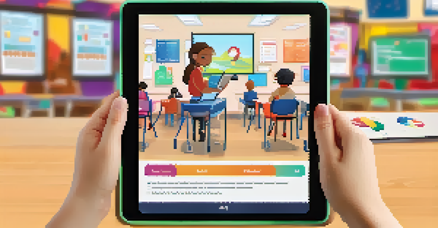 A close-up of a student's hands on a tablet during an interactive quiz, with colorful questions visible on the screen and classmates in the background.