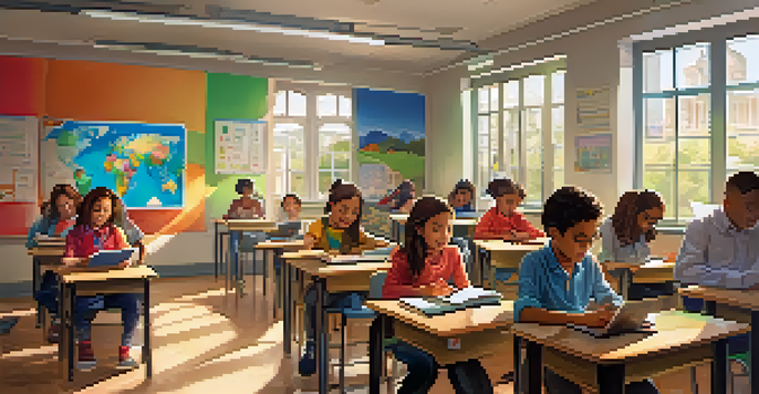 A colorful classroom with students using tablets and laptops for interactive quizzes, sunlight streaming through the windows.
