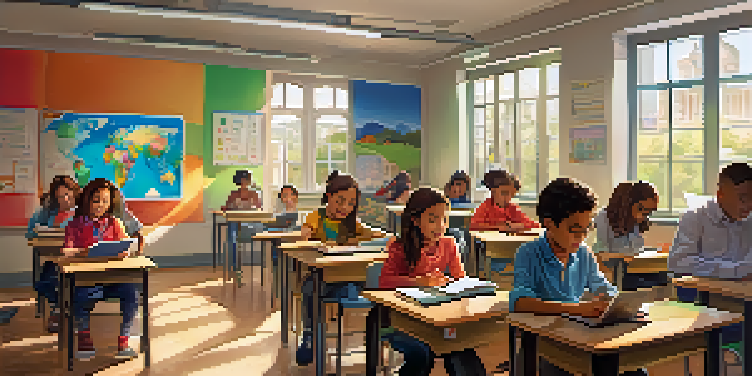 A colorful classroom with students using tablets and laptops for interactive quizzes, sunlight streaming through the windows.