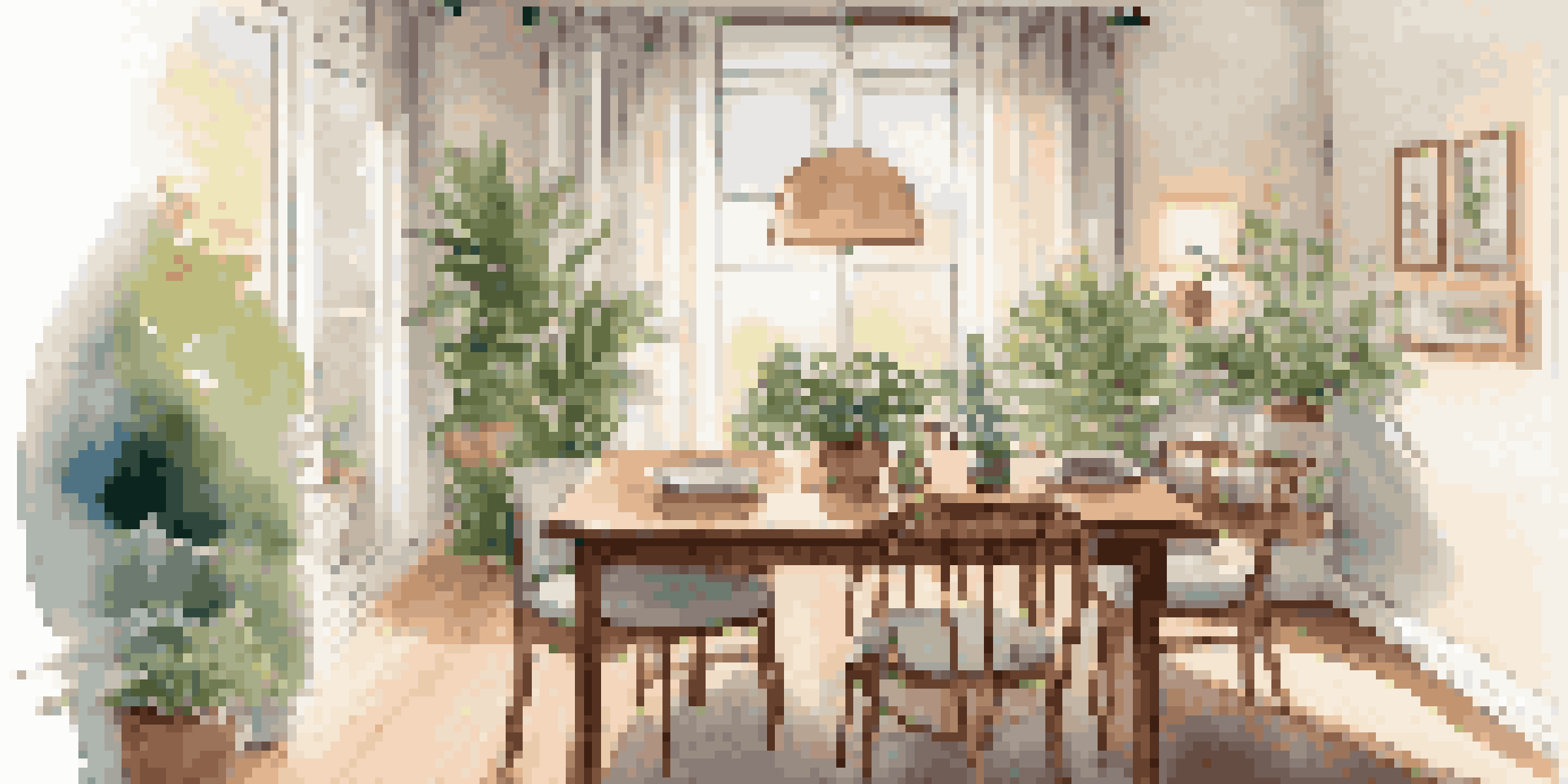 A cozy dining room with a wooden table set for dinner, illuminated by soft natural light, surrounded by plants and family photos, emphasizing a tech-free environment.