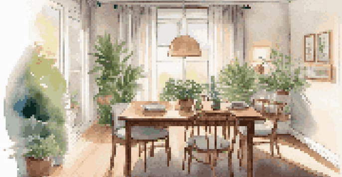 A cozy dining room with a wooden table set for dinner, illuminated by soft natural light, surrounded by plants and family photos, emphasizing a tech-free environment.