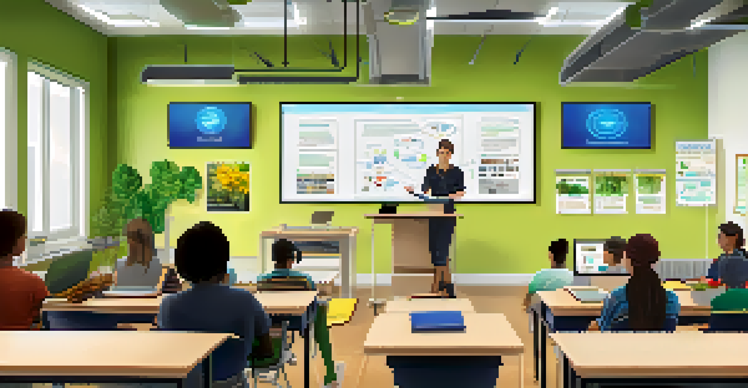 An instructor teaching in a modern classroom, with students using laptops and educational posters on the walls.