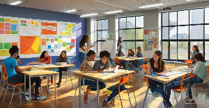 A modern classroom filled with students collaborating on a project, with laptops and colorful educational materials.