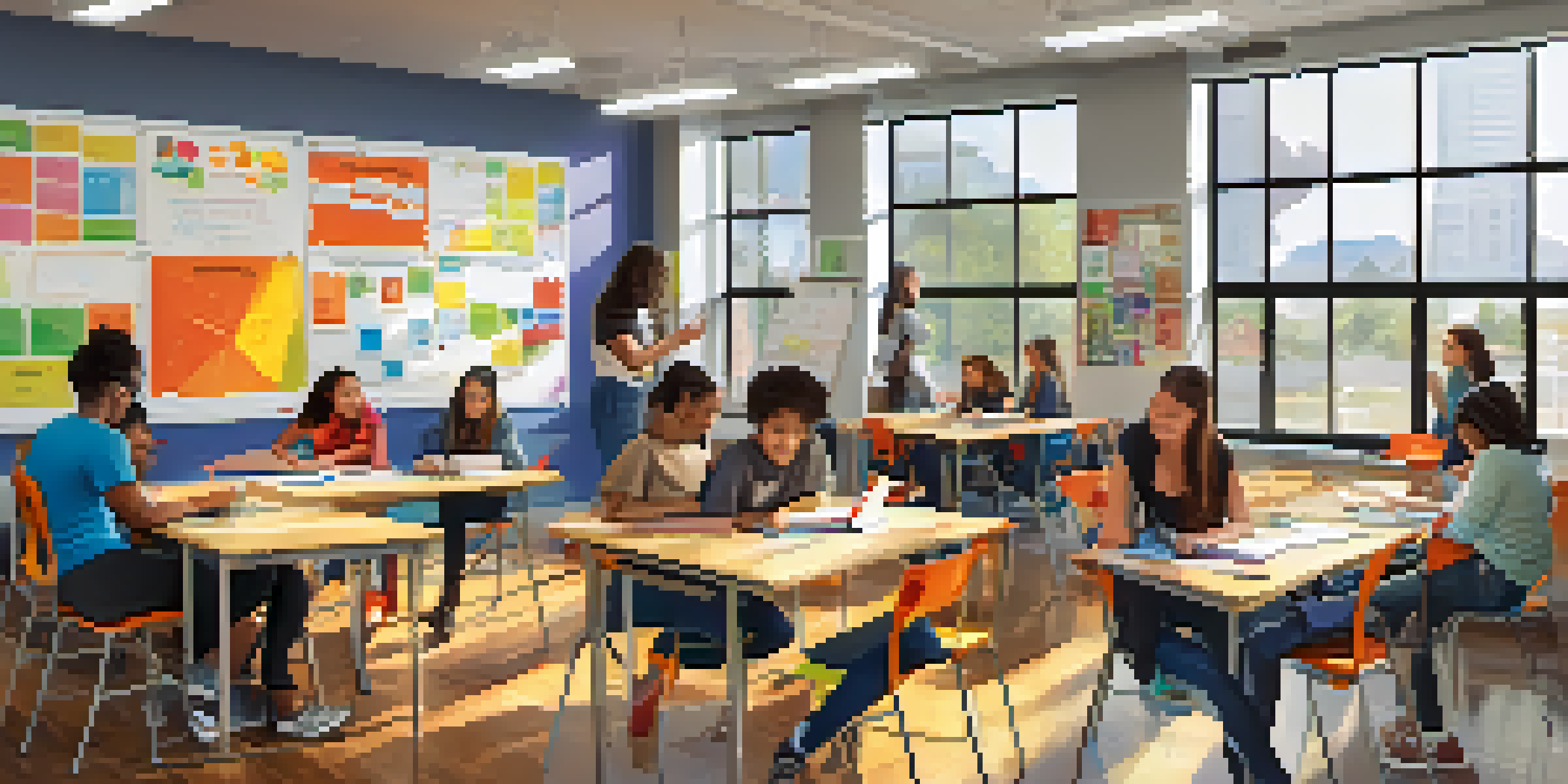 A modern classroom filled with students collaborating on a project, with laptops and colorful educational materials.