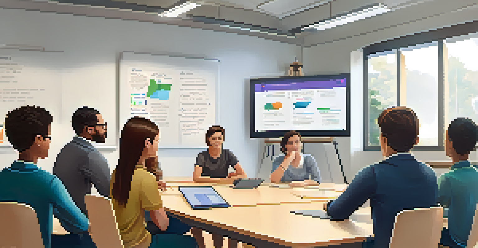 An educator and students engaged in a feedback session, discussing projects at a round table with digital tablets.