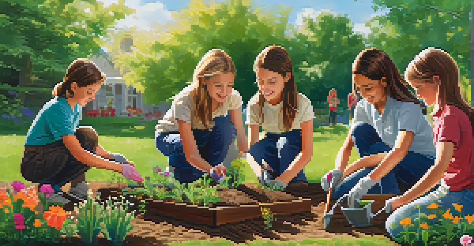 Students collaborating to create a garden, planting seeds and watering plants in a sunny outdoor environment.