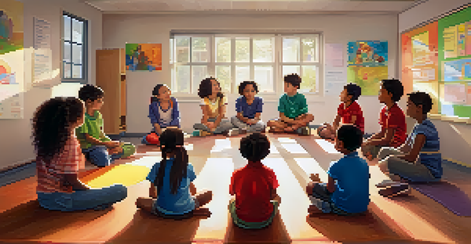 A lively classroom where diverse young children sit in a circle discussing their feelings, with an emotion chart on the wall and sunlight streaming in.