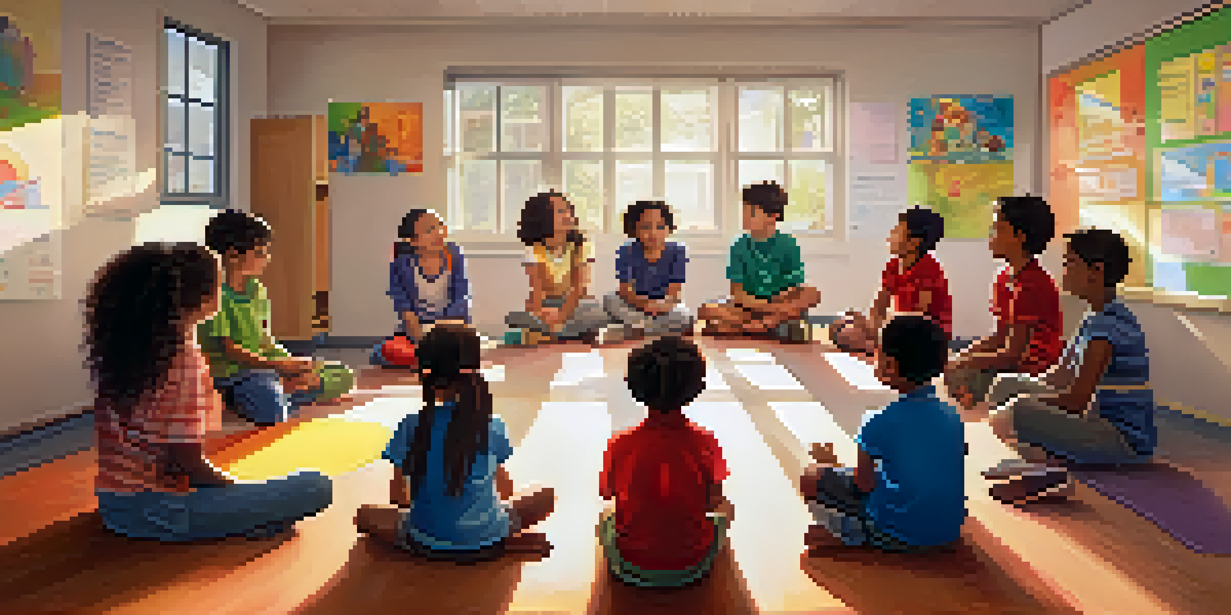 A lively classroom where diverse young children sit in a circle discussing their feelings, with an emotion chart on the wall and sunlight streaming in.