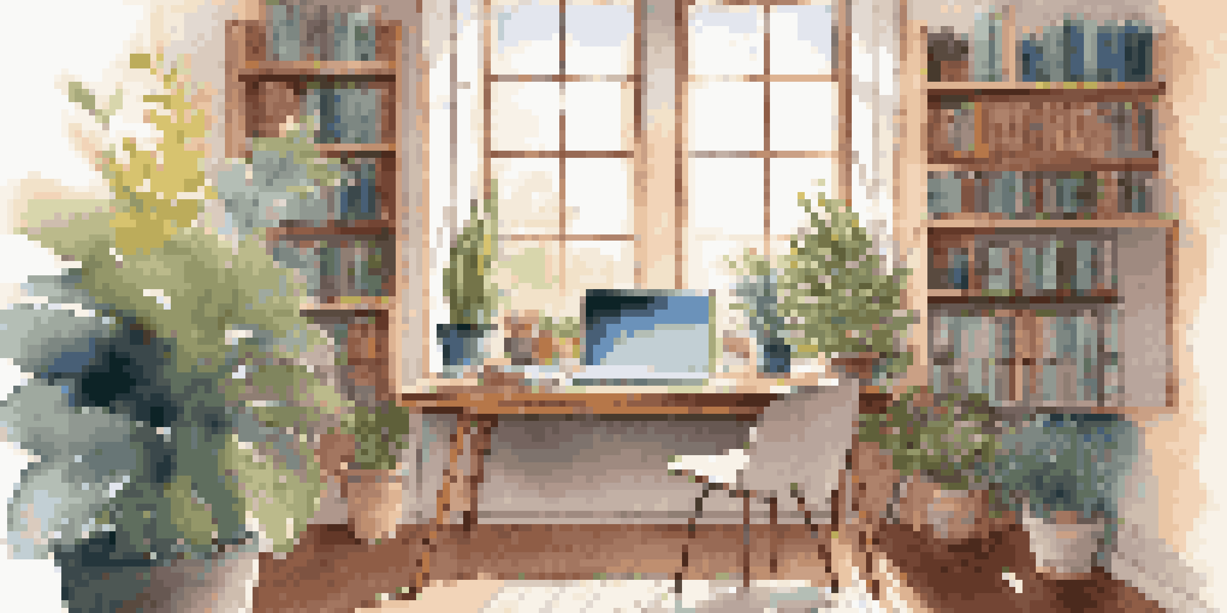A cozy study space with a modern desk and an open laptop, warm natural light, plants, and colorful books.