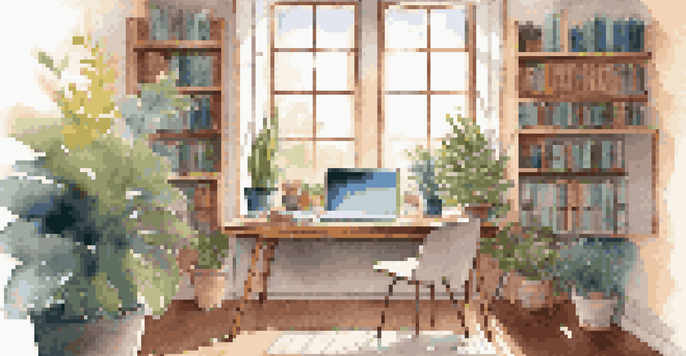 A cozy study space with a modern desk and an open laptop, warm natural light, plants, and colorful books.