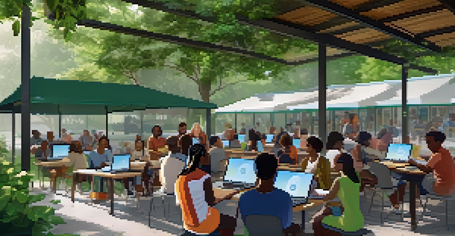 Adults attending a digital literacy class outdoors at a community center, with laptops and an instructor guiding them.
