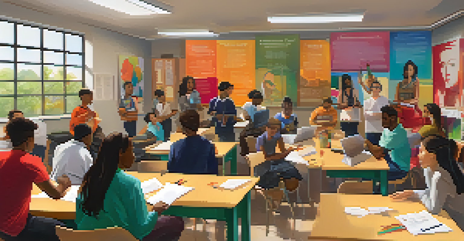 Students of various backgrounds collaborating in a colorful classroom, sharing feedback and ideas.