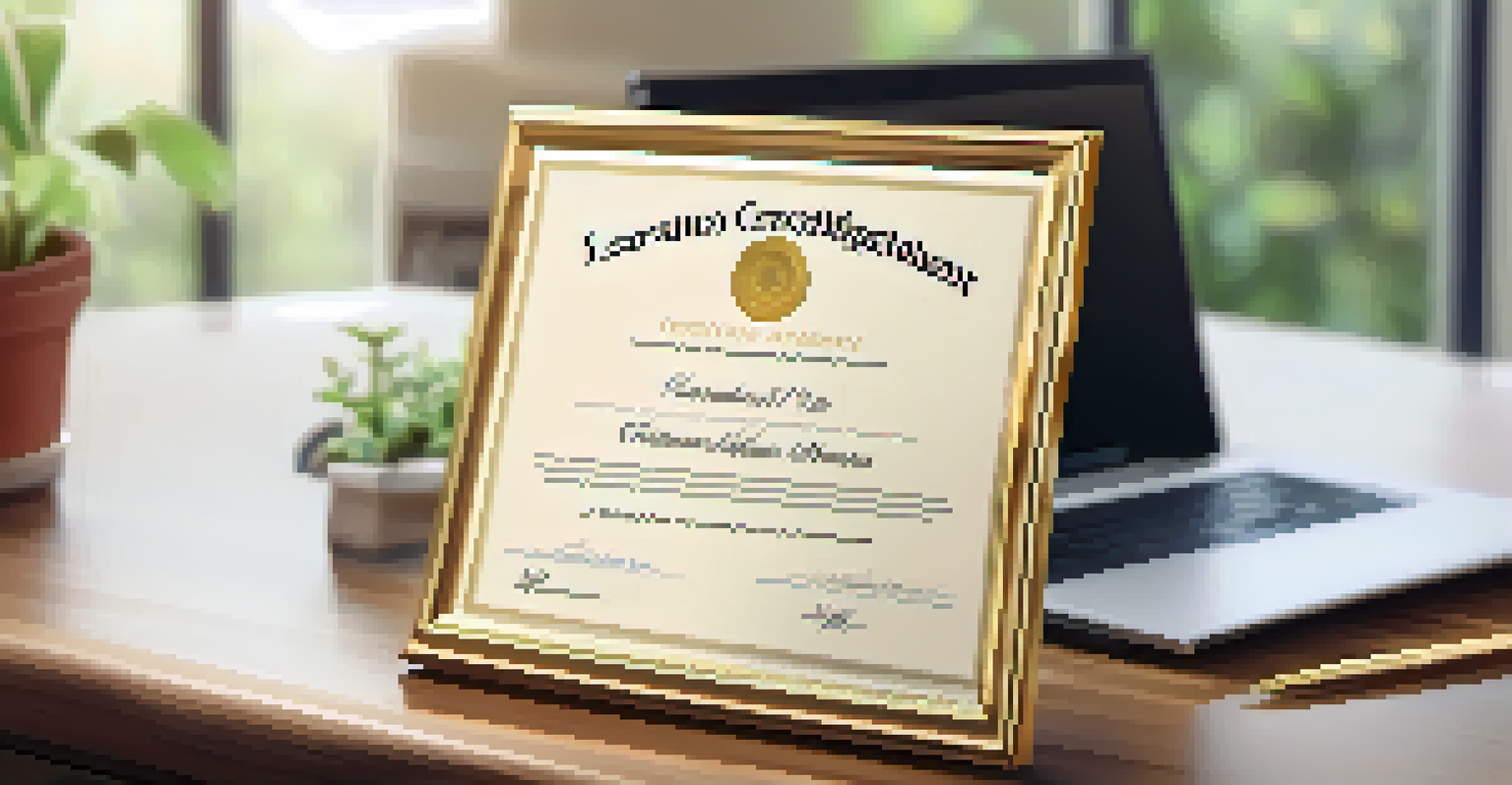 A close-up of a certification certificate on a desk with a laptop and plant nearby.