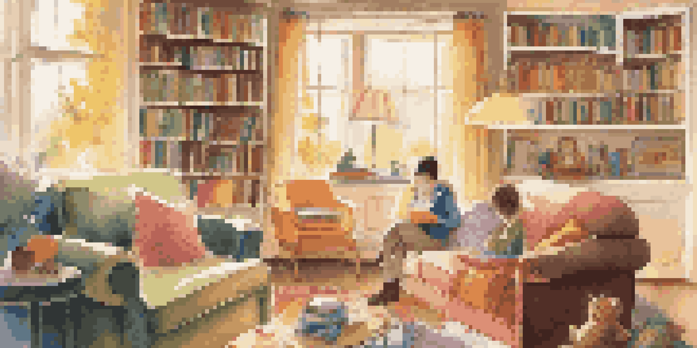 A parent reading a book to a child in a cozy living room filled with educational materials and soft sunlight.