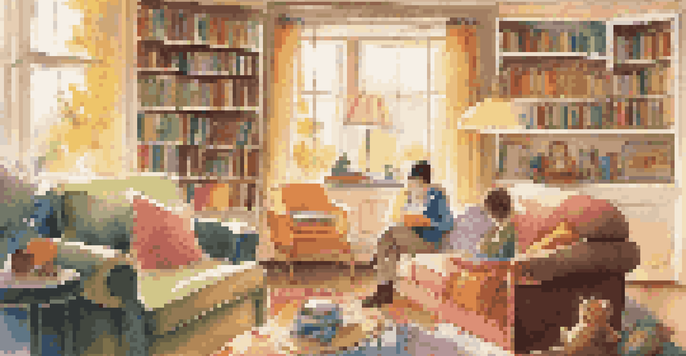 A parent reading a book to a child in a cozy living room filled with educational materials and soft sunlight.