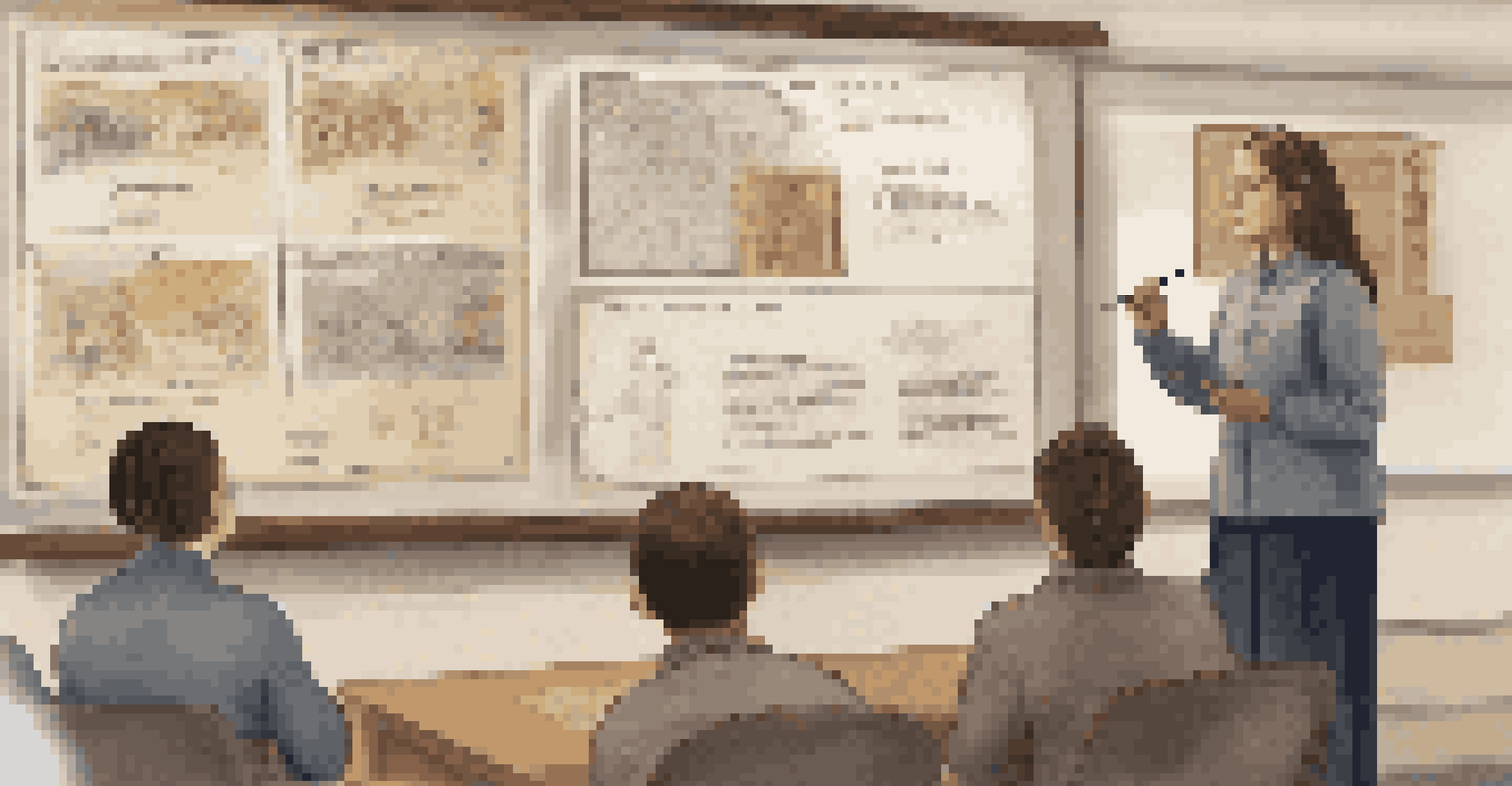 A student presenting a project on a historical event, with classmates engaged and taking notes in a decorated classroom.