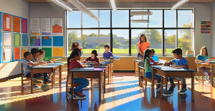 A vibrant classroom filled with diverse students actively participating in various learning activities, highlighting differentiated instruction.