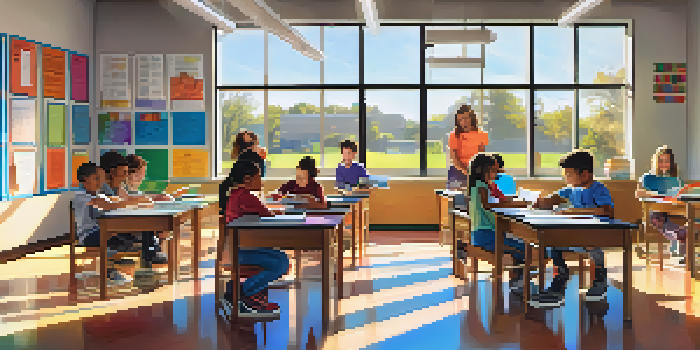 A vibrant classroom filled with diverse students actively participating in various learning activities, highlighting differentiated instruction.