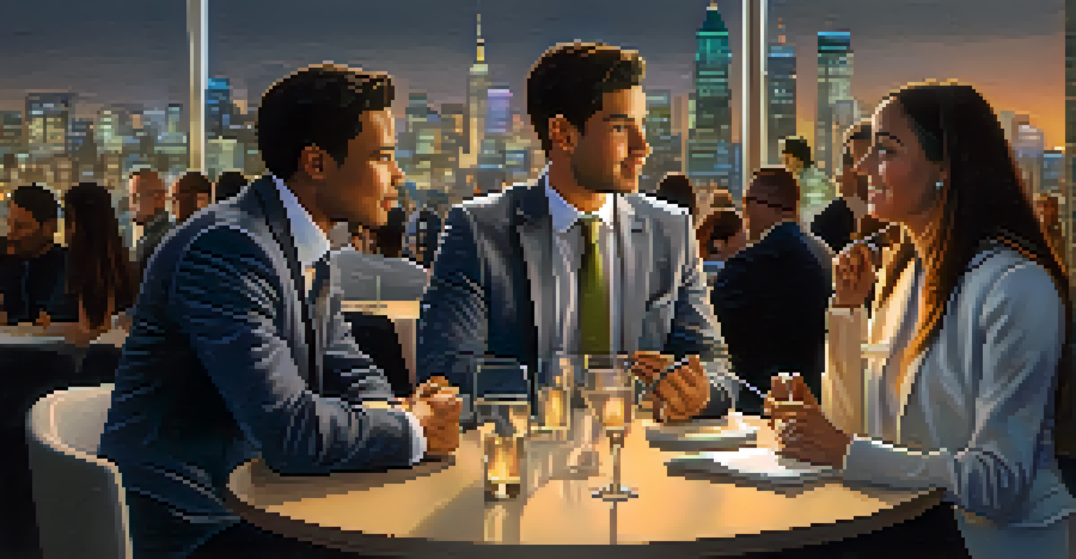 A young professional networking at an event with a city skyline in the background, engaged in conversation with a mentor under soft evening lighting.