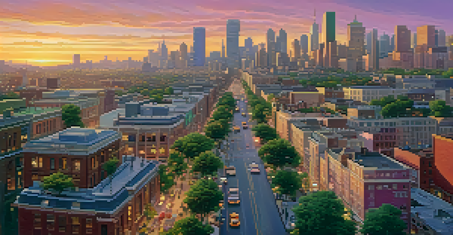 Aerial view of a city skyline at sunset with skyscrapers and busy streets.