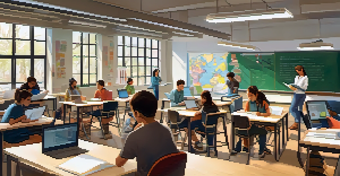 A classroom with students using laptops and books, collaborating in a well-lit environment filled with educational materials.