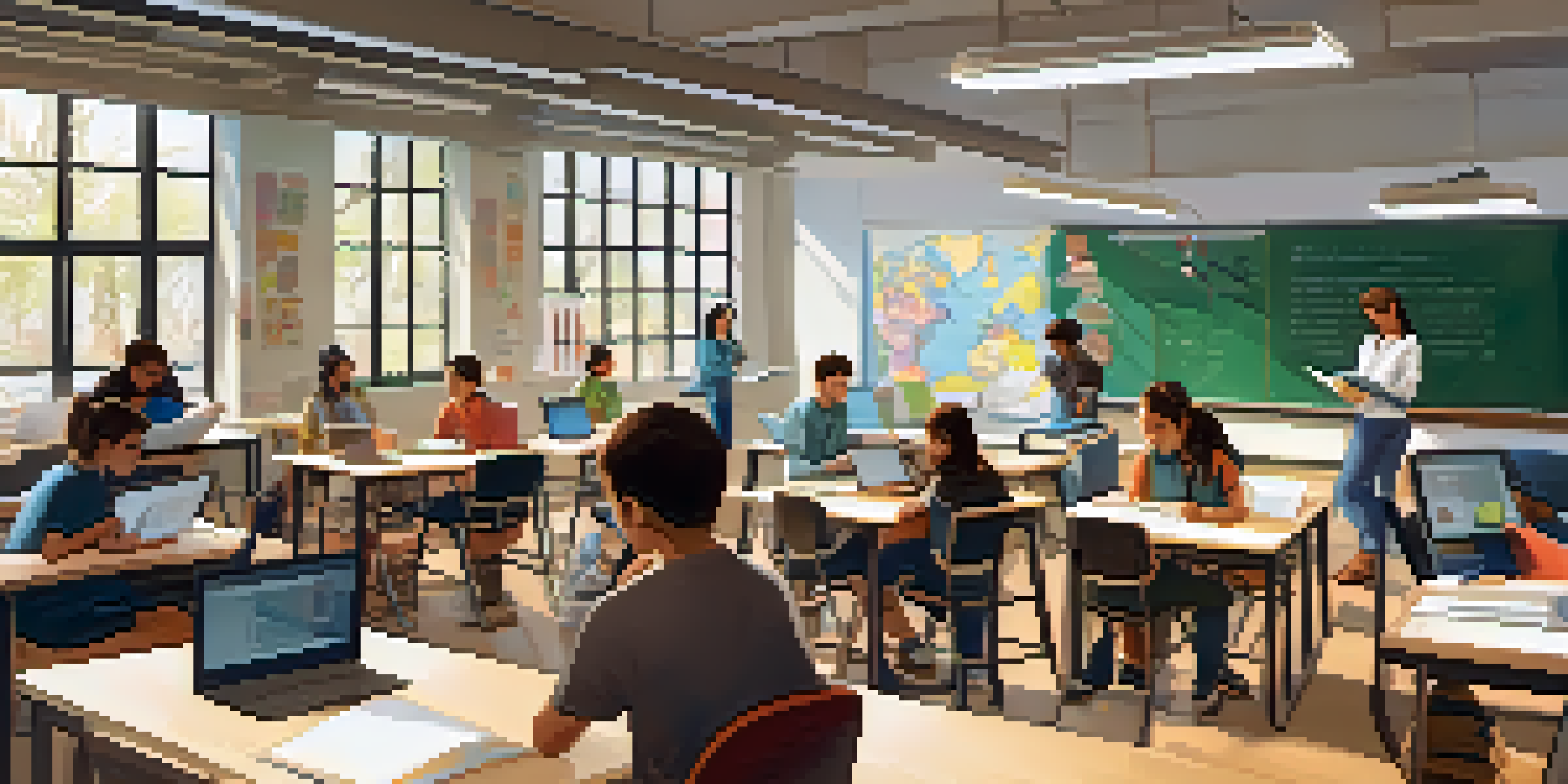 A classroom with students using laptops and books, collaborating in a well-lit environment filled with educational materials.