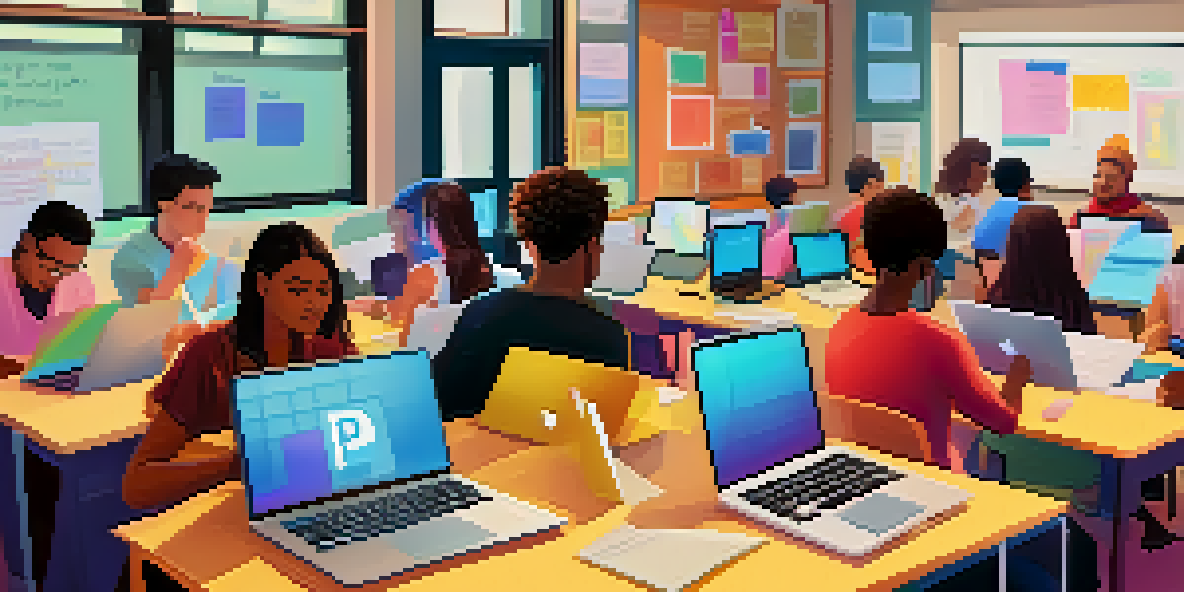 An online classroom with diverse students working together on laptops, surrounded by digital tools and a warm atmosphere.