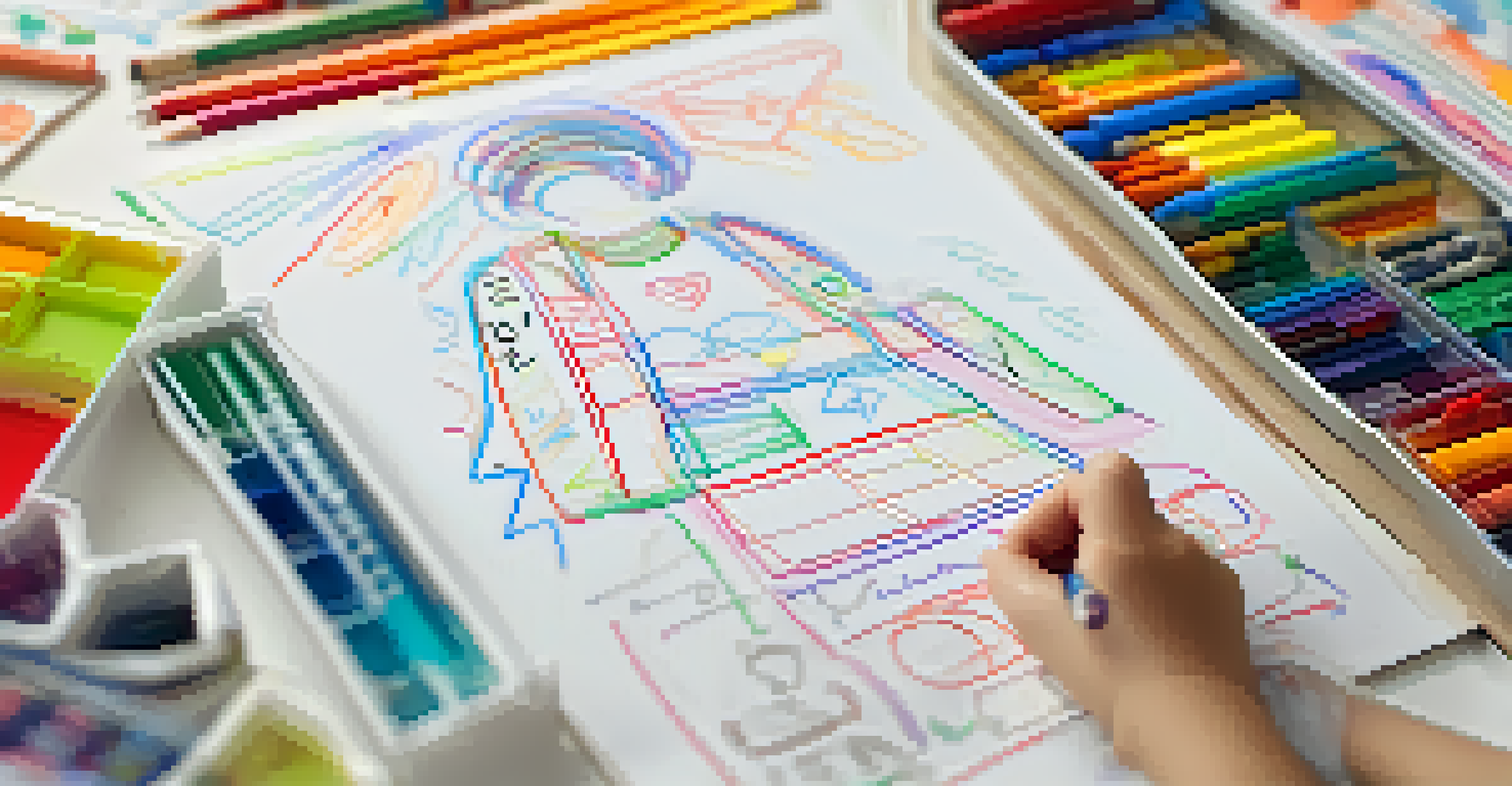 A child's hands drawing colorful goals on paper surrounded by art supplies, capturing a moment of creativity and focus.