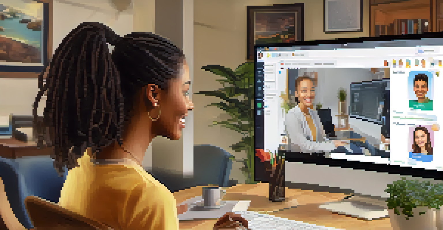 A teacher conducting an online class, with students engaged on screen, displaying emotional check-in tools and supportive interactions in a cozy home office.
