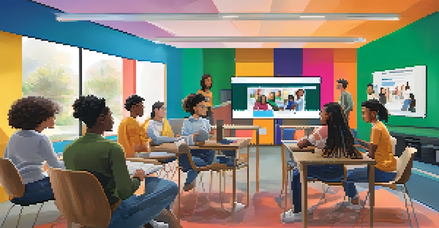A group of diverse students in a virtual classroom, actively engaged in discussion, each in their own colorful settings.