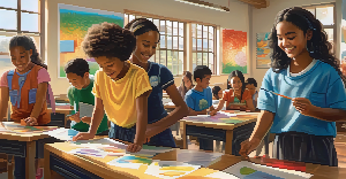 A colorful classroom with diverse students participating in a hands-on learning activity, with cultural posters on the walls and a teacher interacting with them.