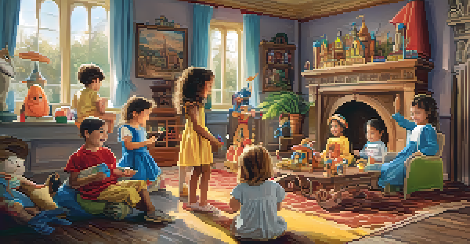 Children dressed in costumes, engaged in imaginative pretend play in a cozy living room filled with toys.