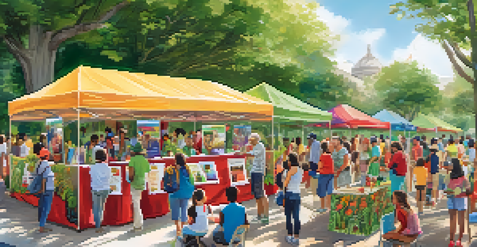 A vibrant outdoor community event with a booth promoting educational resources, filled with engaged attendees of different ages.