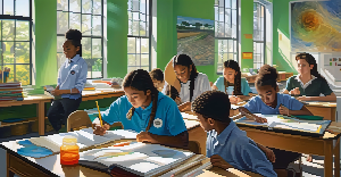 A diverse group of students collaborating in a bright classroom, working on an interdisciplinary project focused on climate change.