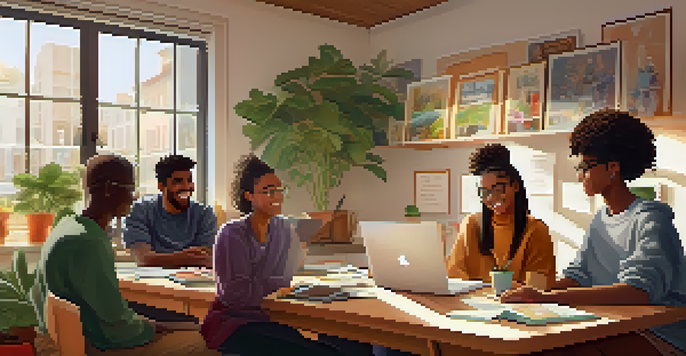 A group of diverse students collaborating on an online project in a cozy study room, with a laptop, books, and plants around them.