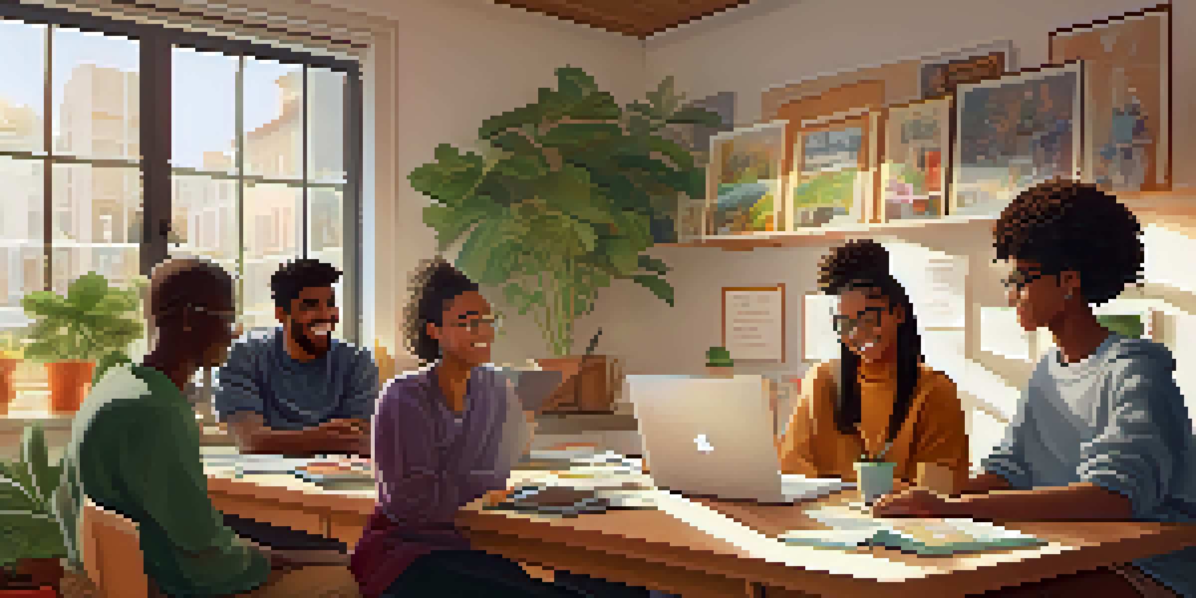 A group of diverse students collaborating on an online project in a cozy study room, with a laptop, books, and plants around them.