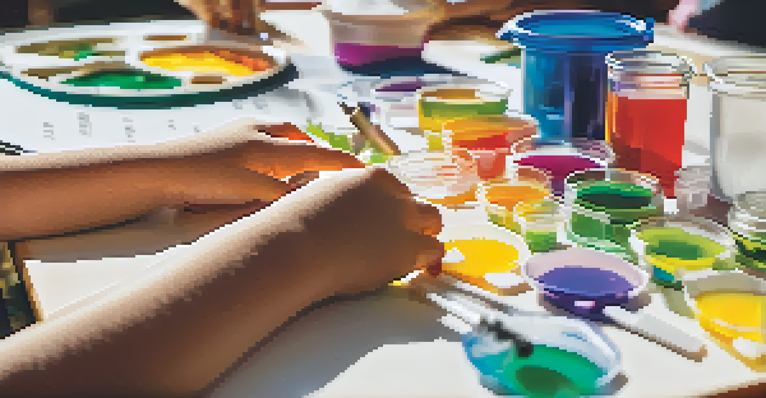 A close-up of a student's hands conducting a science experiment with colorful materials on the table.