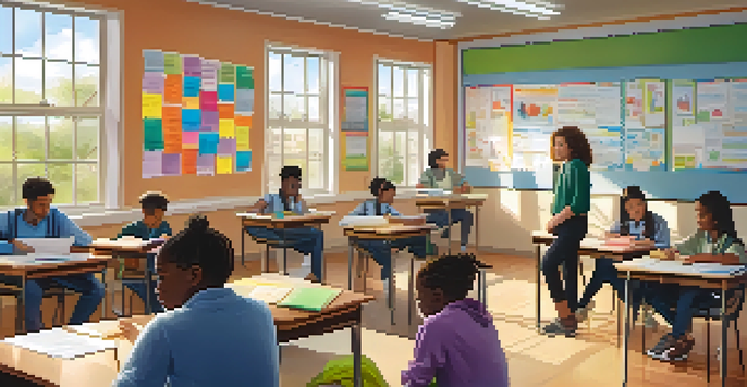 A teacher watches students collaborating in a well-lit classroom, with posters on the walls promoting mental health awareness.
